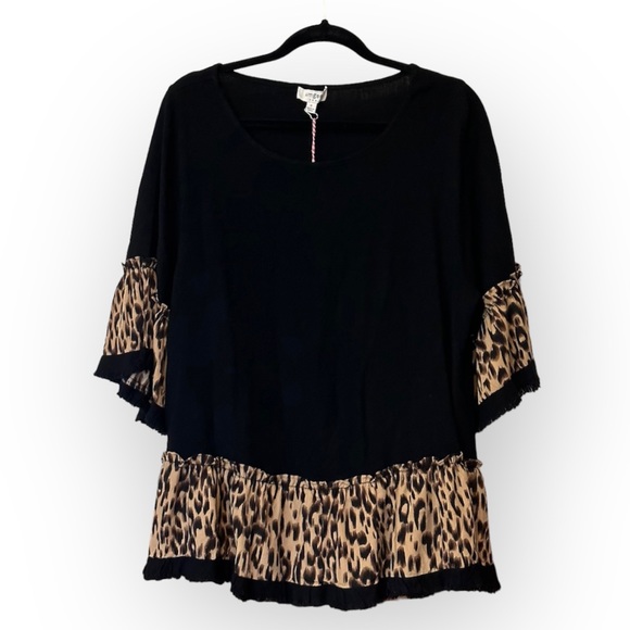 Umgee Black & Leopard print Tunic/Blouse-3/4” bell sleeves-NWT-Sz Small - Picture 4 of 7